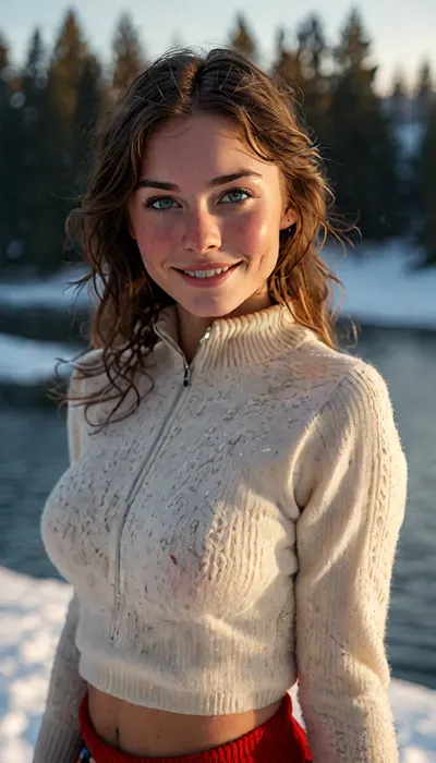 Score_9, beautiful slender 26-year-old woman standing by a Wisconsin lake on a winter afternoon, (show from thighs up:1.2), slender petite pale Midwestern American woman, 26 years old, messy neckline-length very wavy dark black black hair, long oval-shaped face, amused dark blue eyes, dark eyebrows, strong cheekbones, shy infectious smile, lip gloss, slight overbite, prominent freckles especially on nose and cheekbones and chest, (wearing an unzipped Norwegian ski pullover:1.4), ((breasts exposed)), bottomless, exposed hairy bush, pale skin with faint tan lines, slender, perky boobs, highly detailed skin, tight ass, wholesome, hairy bush, realistic skin with natural pores and blemishes, damp sweaty skin, smiling, in ecstasy, handslora, hyperdetailed, cinematic, photo realistic, hyper realism, key visual, intricate detail, highly detailed, vibrant, exciting, nighttime, lots of shadows, romantic, masterpiece, but, <lora:MJ52:2>, <lora:add-detail-xl:2>, <lora:BUT_SDXL_SHS:.3>