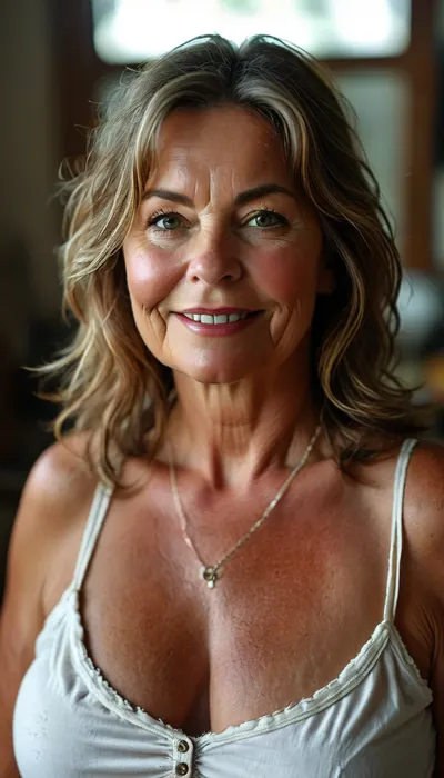 Fat Bbw 60 year old mature woman, photography studio, perfect studio lighting, obese, drooping, saggy, smiling, cowboy shot, detailed skin, (brunette straight hair with highlights:1.3), big eyes, green eyes, (detailed eyes, beautiful eyes, captivating light eyes), Sharp eyes, wearing a white lowcut v-neck spaghett strap tank top, <lora:style_lora_realis:.8>, <lora:MJ52:.8>