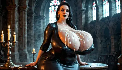 mature goth milf, beauty face, plump lips, grey braided hair sith black highlights, brown eyes, (gigantic natural hyper breasts:1.3), gigantic cleavage, (gigantic colossal breasts), (thick sticky cum covered breasts:1.4), breasts larger than head, heavy breasts, hyper-veiny breasts, massive hanging deep cleavage, hyper erect nipples, ((nipples covered by dress)), (very revealing evil queen black dress:1.2), pale skin, looking at viewer, round pawg ass, birthing hips, hyper hips, rounded hips, (ssbbw:1.3), in gothic cathedral with dim candlelight, standing, <lora:M05_Intensify:.6>, <lora:SDXL_BetterFaces-LoRA_v1:.5>