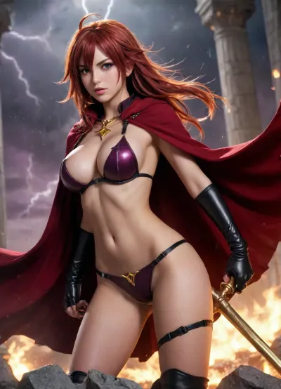 rias gremory from school dxd, Topless, (pretty face:1.8), (hood and cloak), lace panties, medium breasts, covered nipples, muscular body, back view, epic fantasy, cinematic shot, dynamic lighting, (holds a black and gold staff topped with a glowing gem), shattered cloud plateau, roaring thunderstorms and forked lightning, crumbling marble pillars raining debris, burning orange and violet storm glow, cinematic wide-angle, epic scale