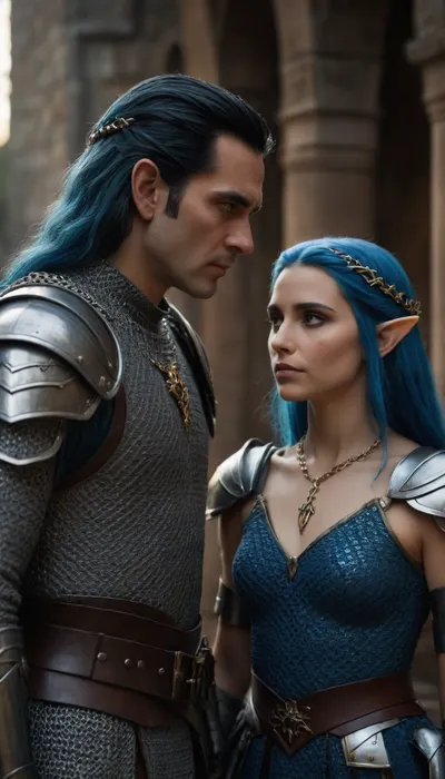 medioeval setting, king with black hair and elf queen with blue hair in chain mail armor