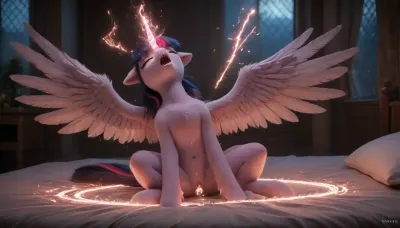 Twilight Sparkle from "My Little Pony", masturbating herself with magic, fluffy fur, (((pony body))), best quality, masterpiece, little tits, magic penis in pussy, (strabismus:1.5), long magic horn, wings, alicorn, (sex), cum, (((orgasm, delight))), (wet), night, neon
