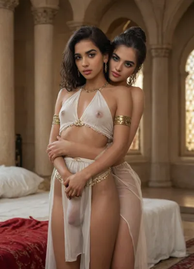 Femboys, Femboys only, flat-chested, dark-skinned Persian queen, (Erotic reach around:1.3), (Penis bulge:1.5), See-through Loincloth, Large nipple rings, Jewelery, Arabian castle, indoors, dark, skin, <lora:Darker_skin_SDXL:1.7>