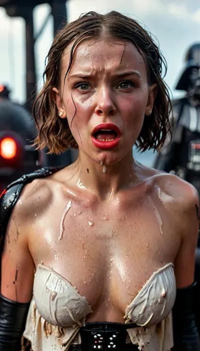 (Millie Bobby Brown from Stranger things), (angry mad), (huge massive Darth Vader dick:1.24), (Darth Vader super white skin), (huge veiny wet dick:1), (((extreme painful creamy deepthroat:1))), ((cum)), (Star Wars starship background), extremely graphic, high detail, hyperrealistic, 8K, BadX, porn photoshoot, detailed skin, (on the roof, steam locomotive, steampunk), blushing, DETAILED background, spectacular lighting, (eyes wide open in horror:1.24), (wide mouth spreader:1.5), (pleading expression:1.18), (terrified:1.12), (crying:1.65), UHD 8K, (full body photograph:1.1), (creamy deep deepthroat:1.12), (extreme oral sex:1.4), (huge massive white dick:1.4), (cum), (hands pulling hair hard), professional photograph shot on kodak, 35mm photo, sharp focus, high budget, cinemascope, 100 mm lens, 1/250 s, f/2.8, ISO 300, (detail Millie Bobby Brown:1.32), milliebb101, <lora:Millie_Bobby_Brown_SDXL_101:2>, <lora:LCMTurboMix_Euler_A_fix:2>, <lora:CinematicStyle_v1:2>, <lora:MJ52:2>, <lora:zavy-brbrn-sdxl:2>