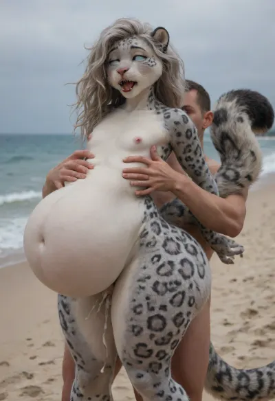 ((anthro female, snow leopard, finger claws, furry body, gray hair, long straight hair, large hips, huge ass, massive thighs, flat chest, tiny waist)), anthrofied, beach, (wide hips:1.48), ((orgasm face, cum inflation, carry sex, bent over, male love, faceless human male, belly bulge, side view, male holding waist)), looking at viewer, <lora:add-detail-xl:1.5>