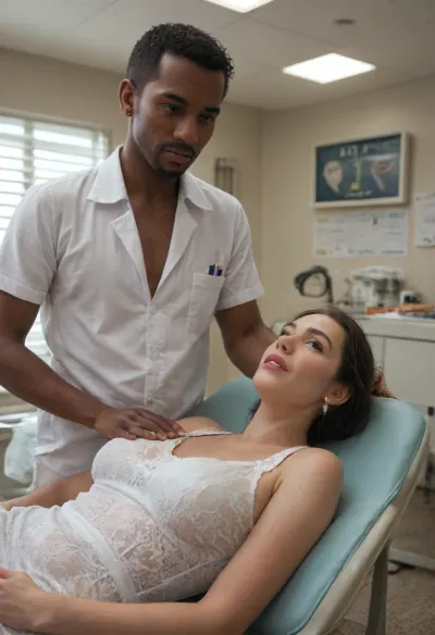 mature 50 year old woman, woman has brown hair, woman has white dress on, (lying in a dentist's chair), in a dentist office, ((African male dentist is standing next to the dentist chair)), male is wearing dentist clothes, woman has mouth wide open, dentist is working in female mouth