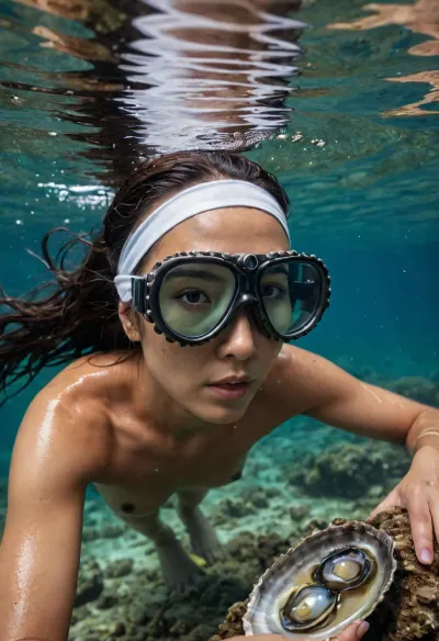 Ama-san, a traditional Japanese freediver, nude only with antique wooden goggles and a white headband, harvests pearl oysters on the seabed off Ise-Shima, Japan. In the depths, sunlight filters through the turquoise water, creating bubbles. Her long black hair is visible. Ultra-realistic, National Geographic style, 8k.