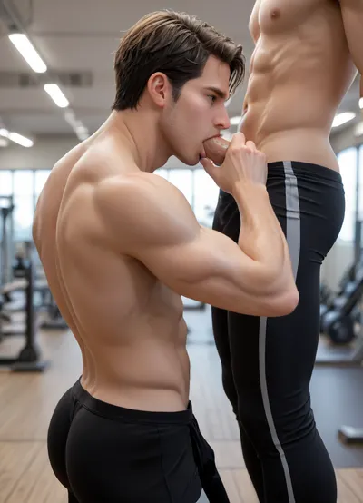 Male, big muscle, spandex, big ass, bubble ass, black spandex, topless, background gym, gay blowjob, side view