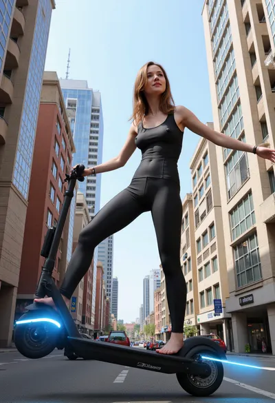 Photorealistic, realistic, {futurism, world of the future, futuristic unusual, buildings, beautiful woman, (flying on an anti-gravity, fantastic, space scooter), high above fantasy, streets of a futuristic city}, highly detailed, ultra-realistic, cinematic lighting, 8K