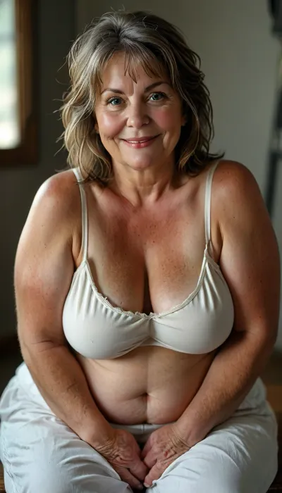 Obese Fat Bbw 60 year old mature woman, seated, photography studio, perfect studio lighting, obese, drooping, saggy, long breasts, smiling, detailed skin, (short brown straight hair with gray highlights:1.3), big eyes, blue eyes, (detailed eyes, beautiful eyes, captivating light eyes), Sharp eyes, wearing a white lowcut v-neck spaghett strap tank top, <lora:style_lora_realis:.8>, <lora:MJ52:.3>, downblouse, nipslip, <lora:RealDownblouseXL2:.8>