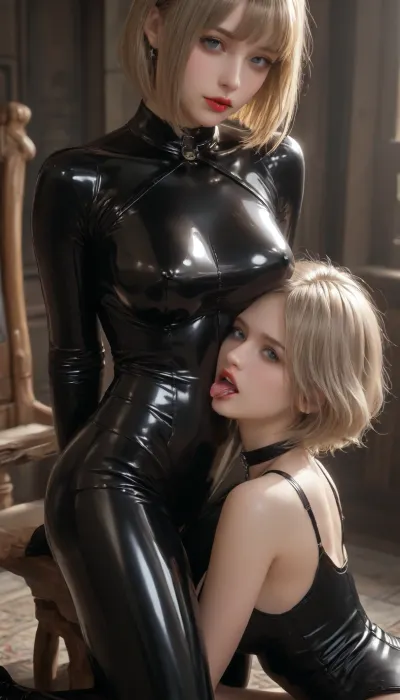 two adult women in a BDSM dungeon, one reclining in a bondage chair wearing a glossy black latex catsuit that covers her body from neck to toe, shiny, tight, reflective latex stretched over large breasts, hips, and thighs. her head is tilted back slightly, eyes half-lidded, lips parted with a faint smirk, wearing dramatic dark eye makeup and red lipstick. short platinum-blonde bob haircut. the latex suit glistens under intense blue ambient lighting, with sharp highlights and dark shadows flowing across the curves of her body.

the second woman is kneeling between her legs, leaning forward with her mouth wrapped around the first woman's large erect cock, deep throating it aggressively. strands of saliva stretch from lips to shaft. her cheeks are pulled tight from suction. detailed open mouth, tongue pressed along the underside of the shaft. her expression shows intense focus and lust. her hands are gripping the latex thighs of the reclining woman. the kneeling woman has wet-looking, slightly messy medium-brown hair that falls over her face. her skin is pale, slick, with fluids glistening on her chin and lips. her shoulders and upper body are exposed except for leather straps and harness elements.

background, a dark BDSM dungeon with metal racks, hanging restraints, whips, paddles, ropes, cuffs, and gear arranged along the wall. deep blue lighting, moody, fetish aesthetic. shadows create depth and tension. the latex reflections are sharp, mirror-like, showing tiny hotspots of light. scene is explicitly sexual, raw, intense, and graphic. camera angle low and close, focused on the oral penetration. hyper-detailed skin textures, saliva, latex shine, realistic anatomy, sharp edges, photorealistic lighting.