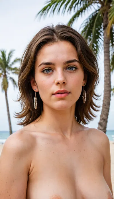 A naked woman climbs a palm tree to pick coconuts.