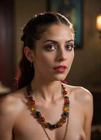 completely naked, multicolored hair tied in a ponytail, necklace, piercings, big fake lips, ("Firefly" TV series, Inara Serra), Morena Silva de Vaz Setta Baccarin
