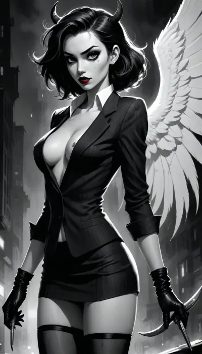 anime, (1girl), (a gorgeous 25 year old white succubus with, demonic wings on back, horns, tail:1.2), (in the style of Frank Miller's Sin City, high contrast shading:1.4), (black and white photography, desaturated color, monochrome, black and white:1.3), inside bar, (holding a glass of bourbon in one hand), (holding a revolver in her other hand:1.2), (intimidating pose), (unbuttoned shirt revealing breasts, unbuttoned black pinstripe blazer with pencil skirt and black stockings:1.2), (black tie), natural b cup breasts, perfect nipples, (nipslip:1.2), candid upskirt view, pussy, (succubus has long black hair bob haircut), (wide open orange eyes), black and white oxford shoes, (red lips:1.2), slim, athletic, gymnast body, Suspicious look, mysterious, <lora:Animated_Concept:1>