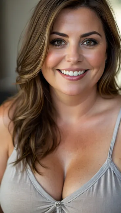 40 year old mature woman, photography studio, perfect studio lighting, obese, drooping, saggy, (smile:1.3), upper body shot, detailed skin, (brunette straight hair with silver streaks:1.3), (big eyes:1.2), (detailed eyes), beautiful eyes, captivating amber eyes, Sharp eyes, (medium sagging fat breasts:1.2), wearing a white lowcut v-neck spaghett strap tank top, <lora:style_lora_realis:.8>