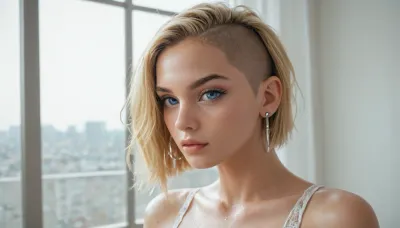 Blonde, bobcut, pointy nose, blue eyes, looks like Alexis Texas