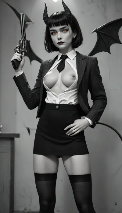 slim, athletic, muscular legs, anime, (1girl), (a gorgeous 25 year old white succubus with, demonic wings on back, horns, tail:1.2), (in the style of Frank Miller's Sin City, high contrast shading:1.4), (black and white photography, desaturated color, monochrome, black and white:1.3), inside bar, (holding a glass of bourbon in one hand), (holding a revolver in her other hand:1.2), (intimidating pose), (unbuttoned shirt revealing breasts, unbuttoned black pinstripe blazer with pencil skirt and black stockings:1.2), (black tie), natural b cup breasts, perfect nipples, (nipslip:1.2), candid upskirt view, pussy, (succubus has long black hair bob haircut), (wide open orange eyes), black and white oxford shoes, (red lips:1.2), gymnast body, Suspicious look, mysterious, <lora:Animated_Concept:1>, <lora:MJ52:1.3>, DonMD34thM4g1c4tt1r3XL, <lora:DonMD34thM4g1c4tt1r3XL-000008:.8>