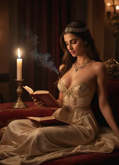 Arabian palace, arabian princess in luxury gown, reading a book to arabian prince sitting on cushion, sensuality, she is undressing, showing her nipples, warm lightning, candles, smoke of incense, realistic, nightly, sensual atmosphere
