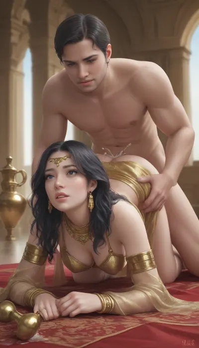 An Arab man and woman on arab carpet in an Arab palace, she is dressed in a golden Arab skirt and bra, cumming, a genie merging from a bottle, anal penetration, doggystyle, cum, romantic atmosphere, manga style, hentai