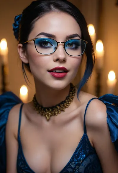 20 year old black haired goth woman side eyeing camera, looking over her shoulder, seductive, back to camera, smiling, mouth open, prominent cupids bow lips, (eyeliner, winged eyeliner, dark eyeshadow), makeup, nude, (candlelight), (big thin rectangle blue glasses with gold lens)