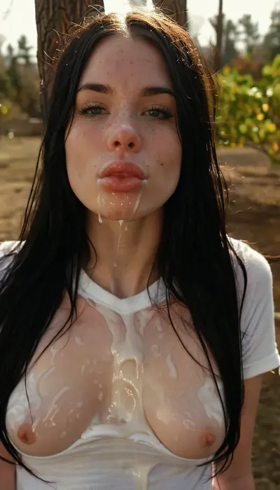 24 year old emo with very sexy, girl wearing snug clothing accentuating her big and sexy busty chest, snug shirt that makes her boobs look very big, blue shiny eyes, (white semen around mouth:1.8), (sperm on face dripping down:1.5), extremely sexual curves, tiny waist, tight waist, microwaist, large clothed bust, wide hips, fertile hips, skinny and lean physique. Sensual Emo female body. Long black hair framing a cute freckled face, very long straight flat hair, freckled face, freckled cheeks, beautiful freckles. white tight cotton shirt, early 2000's emo attire, wearing emo clothing from the early 2000', ripped skinny jeans, sunbeams lighting playing on hair and skin, natural lighting, key light, side light, . early 2000's Myspace profile pic selfie, kissy face selfie, standing up, good posture, location outdoor park with trees in spring, score_10_up, score_9_up, score_8_up, score_7_up., <lora:add-detail-xl:2>, <lora:MJ52:2>, <lora:WildcardX-XL-Detail-Enhancer:2>, <lora:Adjust_SDXL_v3.0:2>, <lora:eGirls_XL_v1:2>