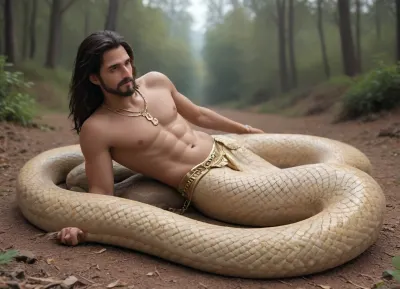 Snake man. Naga. Half snake half human. Monster. Lamia. Male. Man. Scales. Snake fangs. Snake skin. Hybrid. Snake tail from the waist down. Full body. Scales on chest. Long tail. Arms. Dark skin. Jewelry. Gold chains. Solo male Multiple scale colors. Beard. Facial scales. Snake eyes. Stomach up. Laying on a sunny rock outdoors. Naga. Half snake. Snake hybrid. Half snake. Snake tail. Snake human fusion. Naga. India. Hemipenes