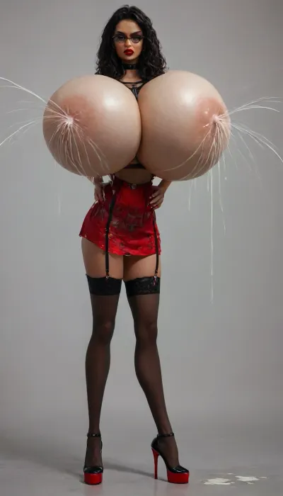 (celia femdom from milfy city:1.5), 19 years old dominant woman, femdom and angry, angry face, (gigantic round breasts:1.6), (angry femdom face:1.3), naked, (small waist:1.8), (((red vivid lipstick))), eyeglasses, extremely small waist, thick hips, extremely wide hips, extremely beautiful, slut, bimbo lips, huge deep cleavage, lingerie, blue eyes, (((she has a whip on hand:1.4))), (she has a huge shiny pincer on her hand:1.5), ((((long long black hair in tail)))), bdsm slut, perfect round ass, bubble butt, wide stand, (teacher:1.8), (((huge bdsm choker on neck))), slutty face, open neckline, she has long long legs, she has excessive long legs, nipples marked on the blouse, ((((full portrait)))), she is a devil, she is evil, black stockings, short dress, non-transparent, daring sexy lingerie, ((((lactating:1.7)))), harness, garter, straps, written the word "obey" everywhere, cupless, bra, bmbplora, large, breasts, boobs, huge, tits, <lora:Harness_Straps_sdxl:.5>, <lora:bimboxl_02:.5>, <lora:bombshell_v2:.5>, <lora:style_lora_realis:2>, <lora:MJ52:2>