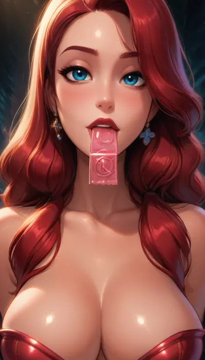 ((Reiq style)), Close up of Jessica rabbit’s upper body, focus on huge chest, condom packet in mouth, winking, red dress, <lora:add-detail-xl:2>, <lora:princess_xl_v2:.8>, <lora:DetailedEyes_V3:2>, <lora:Animated_Concept:.9>