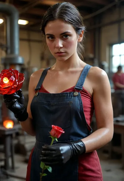 red glass rose, Beautiful A Venetian female factory worker blowing glass, workers overalls, shirtless, long black work gloves, wet hair, sweat, glass furnace in the background, 1girl, (medium, long shot:.8), <lora:detailed_notrigger:.6>, <lora:Midjourney Image Enhancer XL v1:.4>, <lora:bralessSDXL_v1_00022:.8>, <lora:()Ashlynn Spektre XL:.4>