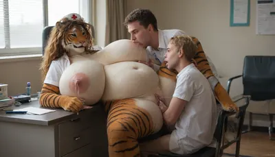Huge Female Furry anthro tiger with huge breast, large niples, excessive lactation, sitting at the desk, nurse uniform, exposed pussy, pussy under desk, huge belly, excessive creampie, man sucking breast and fingering pussy