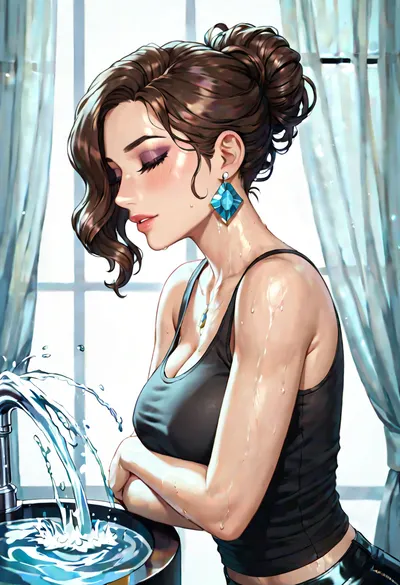 woman, the ambient indigo light filters through sheer white curtains, enveloping the room in a calm yet vibrant hue. Her gaze is contemplative, directed downwards with an aura of intense yet serene concentration. She gracefully holds a silver fountain pen with her right hand, hinting at the imminent outpouring of thoughts onto the page beneath her gaze. The setting is intimate, defined not by its furnishings but rather by the personal style and atmosphere conveyed through her presence and attire. Prominently, she wears a tight-fitting leather tank top, its material hugging her form, creating a striking contrast to the softness of the room. The black leather of the tank top gleams subtly under the filtered light, adding a touch of edgy elegance to her overall appearance. This choice of garment speaks volumes of her individuality – merging sophistication with a hint of rebelliousness. The backdrop, though serene and thoughtfully curated with elements of nature and art, becomes a secondary detail to the immediate impression made by her unique blend of style and poise. Her chestnut brown hair falls in gentle waves, adding a touch of softness that balances the bold statement of her leather top. The minimalistic approach to her makeup – with just a hint of peach on her cheeks and a natural gloss on her lips – compliments the refined boldness of her attire. The silver ring, adorned with an opal on her index finger, stands as a singular piece of jewelry, highlighting her preference for meaningful accents over ostentation. Poised to write, her posture communicates readiness and anticipation, the essence of a woman who cherishes solitude as a gateway to creativity and introspection, all the while embracing a style that is distinctly her own.