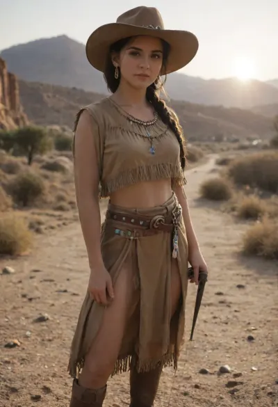 Beautiful Native American female gunslinger of the Old West, strong and graceful with a proud stance. Sun-kissed skin, long black braided hair, piercing dark eyes filled with determination. Wearing a mix of frontier and Native attire, weathered leather duster coat over traditional beaded tunic, gun belt with revolvers at her side, cowboy hat with feather tucked into the band, and sturdy riding boots. Standing in a dusty frontier town street at dawn, poised for a duel, saloon and wooden buildings in the background, desert mountains on the horizon. Ultra-realistic Western art, highly detailed, cinematic golden sunlight, atmosphere of grit, pride, and strength.