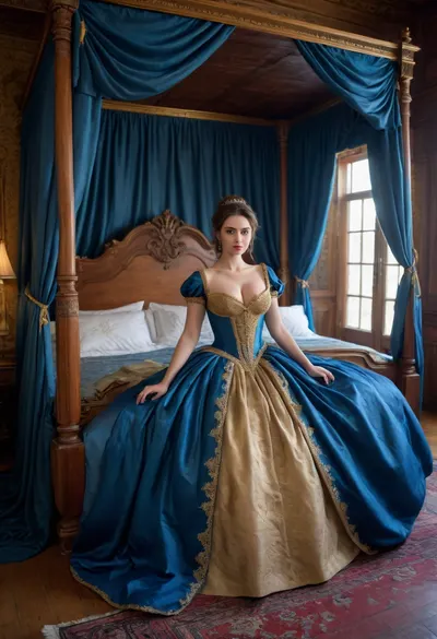 20 year old woman, luxurious blue silk bedsheets, blue castle bedroom, (victorian era noblewoman in blue ballgown dress with gold embroidery, standing in front of bed), medieval era mansion bedroom, ((wooden canopy bed with blue with golden accents bed curtains)), brunette hair in a hair bun, arms crossed under breasts, many many pillows, ((hyper breasts, overflowing breasts, cleavage))