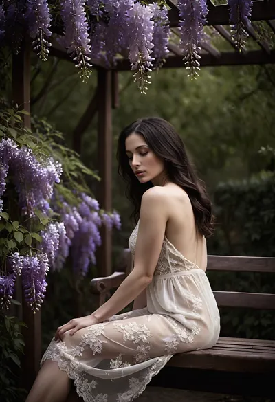 Ultra realistic photo of a beautiful thin, fit young white caucasian adult woman sitting on a wooden bench under a pergola covered with hanging clusters of purple wisteria. Very pale skin. She is slightly arched, head gently tilted back toward the sky, eyes closed, long loose black hair flowing behind the back of the bench. Nude. Naked with only black stockings and black lace sleeves. Soft diffused light, intimate atmosphere, dreamy and romantic, subtle refined sensuality, shallow depth of field, gentle bokeh flowers, high detail. chiaroscuro. Shallow depth of field, dreamy bokeh flowers, cinematic, romantic, refined sensuality, NEGATIVE_HANDS, detailxl, DeepNegative_xl_v1, <lora:RMSDXL_Enhance:.9>, <lora:dark:.6>, <lora:uberfit_lora_sdxl:.1>