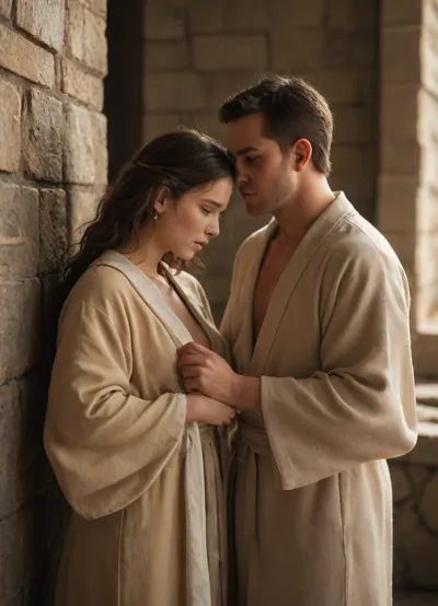 In a dimly lit, medieval stone chamber, (three figures stand closely together:1.3), creating a sense of intimacy and suspense within the scene. The focal point is a woman full nude, embodying a sense of simplicity and modesty. She has long, flowing hair with soft waves, cascading down her shoulders, and stands with her arms gently folded in front of her torso, exuding a serene and thoughtful expression., (To her left is a man dressed in a long, dark-hued robe that enhances the mysterious atmosphere of the setting:1.3), . His posture is slightly turned towards the woman, with his hands resting together in front of him, suggesting a protective or contemplative demeanor., (The third figure stands slightly further back, adding to the depth of the composition, this individual is partially obscured, creating intrigue regarding their role in the scene:1.3), . The ambiance is illuminated by a warm, flickering candlelight that casts soft shadows against the aged stone walls, enhancing the historical feel of the space. The light source emanates a golden hue, illuminating the figures while leaving the background in gentle darkness, creating a striking contrast between light and shadows. The color palette consists of muted earth tones – rich browns of the stone, soft beiges of the clothing, and the warm glow of the candle, which harmonizes beautifully to evoke a sense of nostalgia and mystery. The composition effectively guides the viewer’s eye from the foreground figures to the textured stone walls behind, enriching the scene with depth and context. Overall, the mood is one of intimate tension, evoking a storyline that leaves the viewer intrigued and yearning to understand the narrative unfolding in this haunting yet captivating environment.