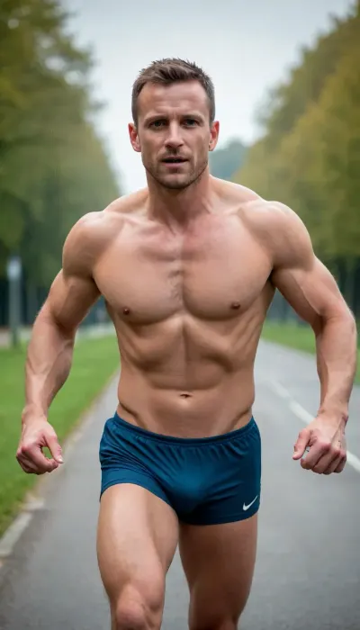 foto, nackter mann 38 jahre alt, leichtathlet, hochspringer, nackt, spingt über die latte, trainierter körper, muskeln, schwand 30 cam lang, deutlich sichtbar und hart, riesiger harter schwanz, in der luft, im flug