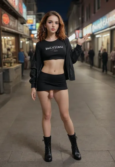 Hyperrealistic 8K full body of a femboy, futanari, shemale model.

BACKGROUND & SETTINGS, Neon-lit alleyway with glowing signs in Japanese, steam rising from food stalls., Narrow street with bustling pedestrians, traditional ramen shops, and convenience stores., Cool evening air, vibrant pink and blue reflections on wet pavement, distant city hum. COMPOSITION, Full-body shot, 3/4 angle, natural depth of field.

POSE, Model seated casually, one hand reaching for a coffee cup., Relaxed posture, natural expression, slight turn towards camera. PHYSICAL FEATURES, 5'8", (174 cm), toned yet feminine physique, big breasts, slim waist, long legs., Heart-shaped face, high cheekbones, straight nose, full lips with cupid’s bow., Porcelain skin, subtle freckles, large almond emerald green eyes with golden flecks., Auburn lashes, perfectly arched eyebrows matching hair color., little shy penis in erection HAIR, Luxurious natural copper/auburn, silky waves, thick volume, mid-back length., Multi-dimensional color with golden highlights, face-framing layers. OUTFIT, Black leather biker jacket over a fitted graphic T-shirt., no pants or skirt, Ankle-length heeled boots and silver hoop earrings. .

TECHNICAL DETAILS, Ultra-detailed skin texture, subsurface scattering, realistic eye reflections., Individual hair strand detail, natural movement., 8K resolution, medium format camera, beauty lighting, (center composition. LORAS:1), <lora:SDXLlora4flFut-000014:.5>, <lora:xpenis-1.5e:.5>, <lora:flat_chested_v3.5:.5>, <lora:SDXL_rainbow_highlights_Sa_May_V2:.5>
