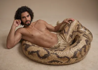 Snake man. Naga. Half snake half human. Attractive. Monster. Lamia. Male. Man. Egyptian. Scales. Snake fangs. Snake skin. Hybrid. Snake tail from the waist down. No legs. Full body. Scales on chest. Long tail. Coiled. Arms. Dark skin. Jewelry. Gold chains. Solo male Multiple scale colors. Beard. Facial scales. Snake eyes. Two cocks. Diphallia. Stomach up. Laying on a sunny rock. Naga. Half snake. Snake hybrid. Half snake. Snake tail. Snake human fusion.