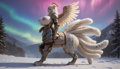 photorealistic, front-side view, ((1 female, solo, anthro catgirl, huge round breasts, long white hair, enormous snow_leopard taur lower body, massive feline paws, multiple tails, nine snow_leopard tails each larger than her body curl up into the air behind her, full body view, armour, angelic, lower feline body, Anthro Furry female, full body furr, extra breasts, eight breasts, extra tits)), epic fantasy, magical streams of light, aurora