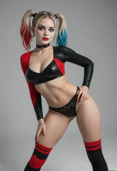 harley quinn, (young beautiful 20 years old), looking at the camera, bright egirl makeup, (youth clothing style, e-girl style, crop top, choker, jewelry, bracelet on the wrist, high socks), (lace panties), (highly detailed face), confident pose, (contrapposto pose), sexy deviant look, (deviant sexy look), medium breasts, covered nipples, cleavage, titcup, bent over, armpit, (latex long sleeves), narrow hips, rear view