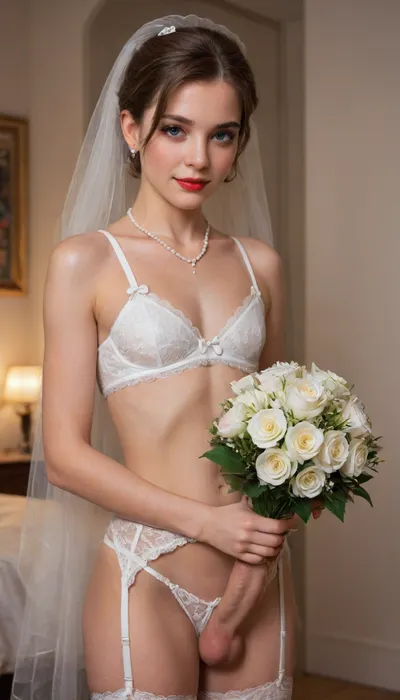 1 femboy, Caucasian, sissy, feminine, feminized, pixie haircut, brown hair, short hair, wedding lingerie, white garter belt, wedding night, no chest, no breasts, white slutty panties, flirty smile, white wedding veil, white weddingdress, pearl necklace, heavy eye makeup, red lips, blush, big eyelashes, shame, medium cock, holding bouquet of flowers, candles, flower petals, perfect cutie face, night time, Object, gd, sex, toy, medium, erect-femboy, erect-penis, testicles, erection, (negative_v2, Color_Balance_Calibration:.8), blue, hair, green, eyes, gradient, flat, chested, <lora:xpenis-1.5e:.5>, <lora:Penis_XL:.5>, <lora:SDXLlora13ErFut:1>, <lora:akane:.5>, <lora:flat_chested_v3.5:2>
