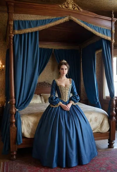 20 year old girl, luxurious blue silk bedsheets, blue castle bedroom, (Victorian era noblewoman in blue ballgown dress with gold embroidery, standing in front of bed), medieval era mansion bedroom, ((wooden canopy bed with blue with golden accents bed curtains)), brunette hair in a hair bun, arms crossed under breasts, many many pillows
