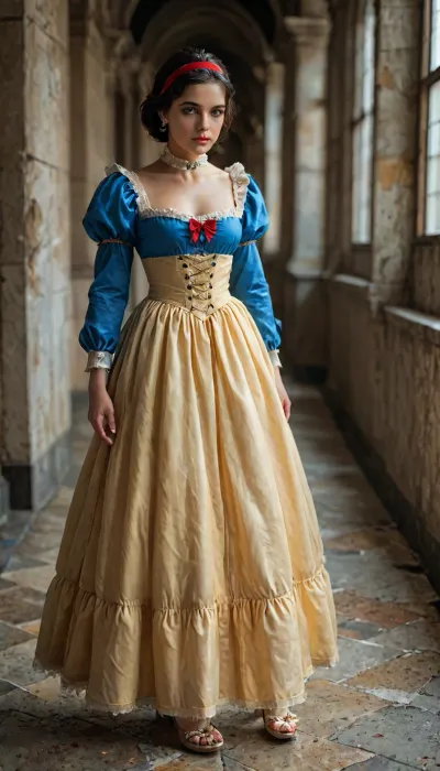 8k, score_9, score_8_up, score_7_up, FILM PHOTOGRAPHY STYLE, cinematic photography of a woman, professional portrait photo realism, snow white from disney, black hair, black bob hairstyle, brown eyes, headband with a red bow, dress consisting of a dark blue bodice with a blue vertical line in the middle and a deep neckline, blue puffy sleeves with three red teardrop patterns on the sides and gold brims, a high white collar and a long light yellow skirt she wears a white petticoat under her dress, and on her legs and feet she wears sienna tights and ocher shoes with yellow bows on the toes, full body view, <lora:detailed_notrigger:2>, <lora:add-detail-xl:.8>, <lora:LCMTurboMix_Euler_A_fix:.8>, <lora:style_lora_realis:.8>