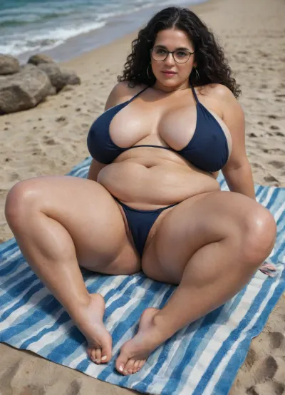 Big fat Mexican woman, 40 year old physically, very big wide broad chested, she is morbidly obese and physically overweight, she has a big fat stomach, wearing swimsuit, swimsuit she wore covers her privates, wearing glasses, cellulite thighs, big huge long breasts that are pendulously shaped, located at beach, legs spread, facing camera, big picnic, long black frizzy hair, (bare feet:1.5), (full body overview:1.3), feet, <lora:RealFeet_xl_v1:.6>