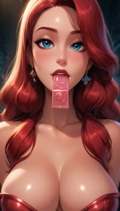 ((Reiq style)), Close up of Jessica rabbit’s upper body, focus on huge chest, condom packet in mouth, winking, red dress, <lora:add-detail-xl:2>, <lora:princess_xl_v2:.8>, <lora:DetailedEyes_V3:2>, <lora:Animated_Concept:.9>