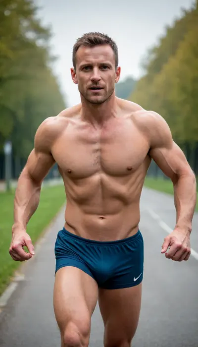 foto, nackter mann 38 jahre alt, leichtathlet, hochspringer, nackt, spingt über die latte, trainierter körper, muskeln, schwand 30 cam lang, deutlich sichtbar und hart, riesiger harter schwanz, nackt, in der luft, im flug 