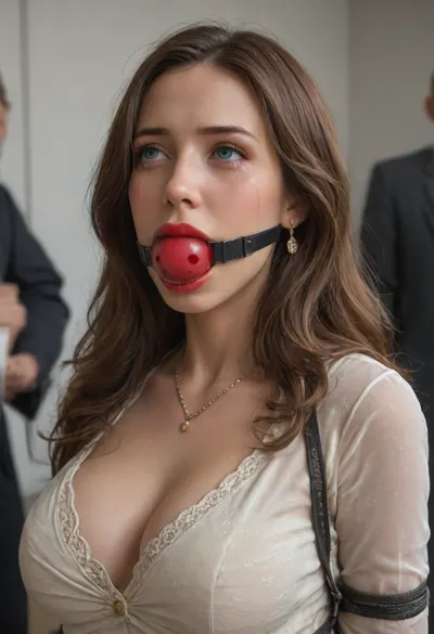 A beautiful curve 40-year-old woman, looks like a playboy model, with bright evening makeup opens her mouth wide. She's wearing a black bra and a white, sheer silk blouse. Her face is contorted with pain, she's crying. Tears are visible on her face. Trying to insert a huge gag into her mouth. Her head is throw back., ((((big ball-gag)))), dark long hair, red lipstick, (((Beautiful evening hair style))), (((luxurious office attire))), Dramatic image, (((tears on the face))), (((many woman around))), (((metal bondage of FACE))), (((silk blouse))), (((bdsm))), ((business style hair)), (((pin-up woman))), (((She looking to her breast)))