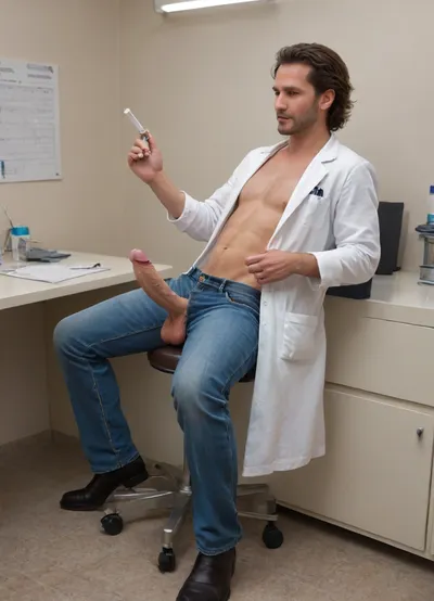 Photorealistic, (Doctor's office, The male doctor, 58 years old, is dressed in jeans, a tight sweater, and a lab coat, the doctor sits on a stool and examines a male patient.), (The male patient is 35 years old, shirtless, with his trousers down to his knees. The patient displays his enormous, hard penis, which is heavily veined and engorged. Semen glistens on the glans. The patient's testicles are large and hang low, and his scrotum appears heavy and full of semen. The patient sits back on the examination table. Semen is leaking from his penis.), (The doctor examines the patient's thick penis and holds it in his left hand. In his right hand, the doctor holds a test tube to collect the patient's semen.), 