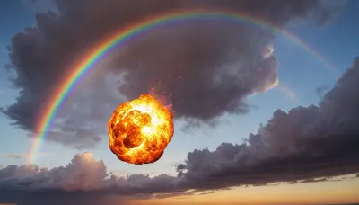 fire ball in sky full of rainbow and dramatic clouds