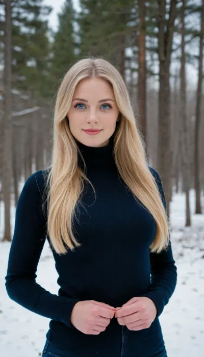 zPDXL3, ScarletFF7R, woman, blue eyes, extremly long blonde hair, jewelry, medium breasts, black turtleneck sweater, long sleeves, jeans, looking at viewer, smiling, standing, outside, park, trees, snow, blue sky, mountain